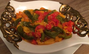 Rainbow Pepper Salad in White Bowl