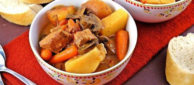 Beef stew in a slow cooker