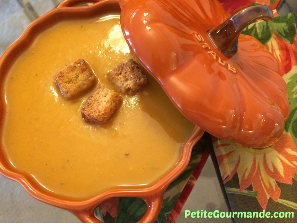 Butternut Squash Soup with croutons in a pumpkin decorative bowl