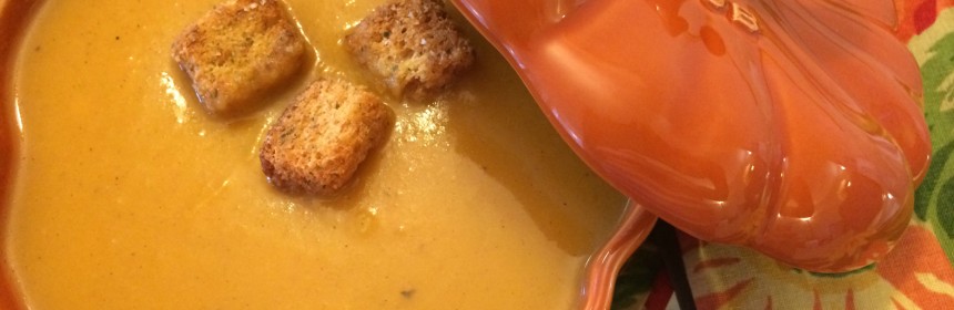 Butternut Squash Soup with croutons in a pumpkin decorative bowl